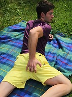 Hard bodied Louis busts a nut in the public park.