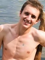 Horny Sergio splashing in the cool river and sprinkles his white boy sperm all over